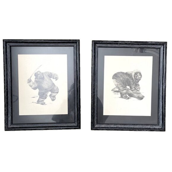 Vintage Aboriginal Inuit Print by Hilda Lavoie - set of 2, signed & framed 🇨🇦 - Picture 2 of 13